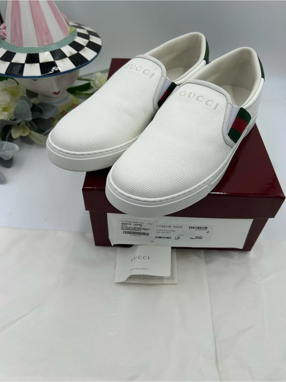 Men's Gucci white canvas ace slip on sneakers size 11.5 fits 12.5 US made Italy